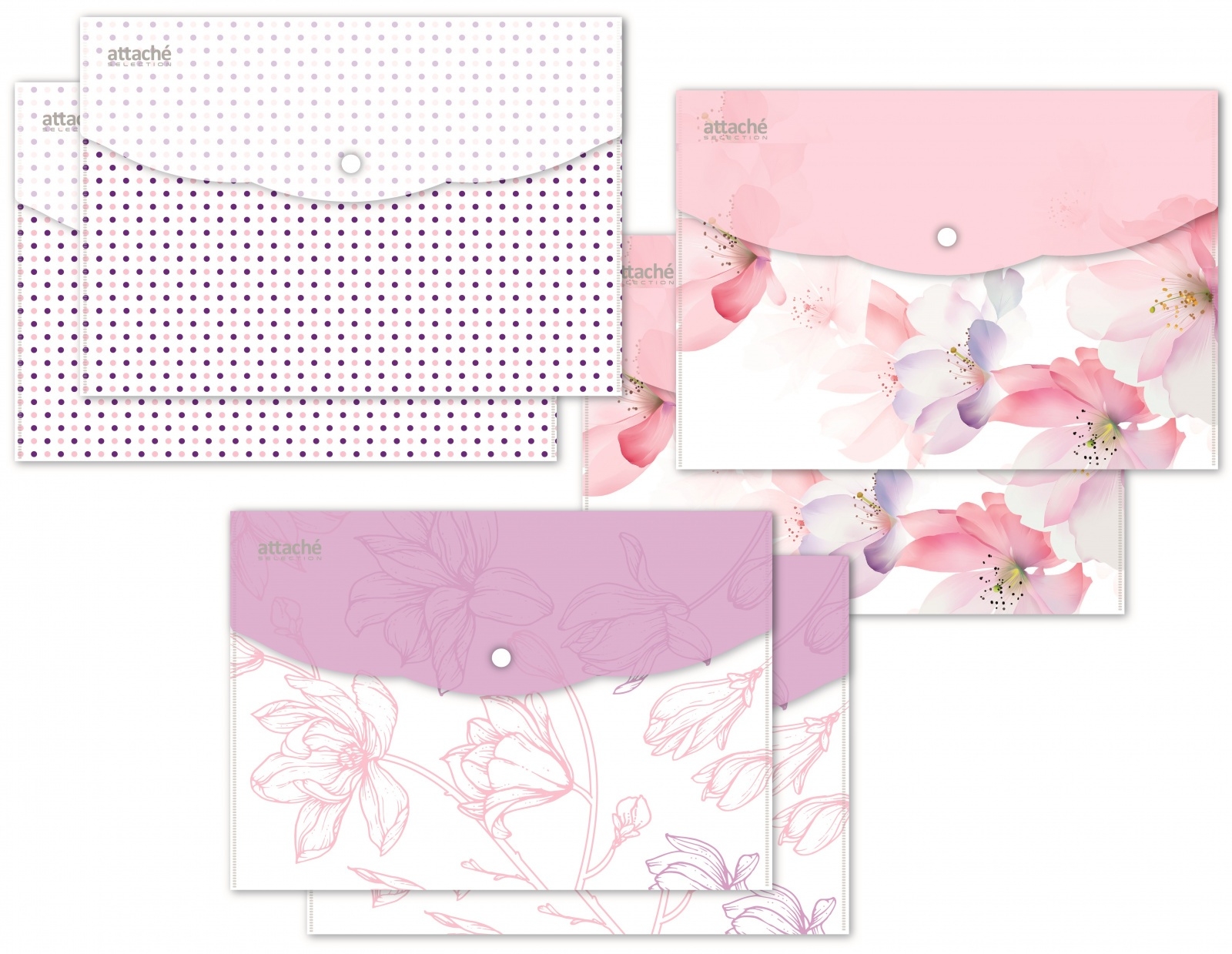 

Папка-конверт на кнопке Attache А5, 180 мкм, Flower Dreams, Белый;розовый