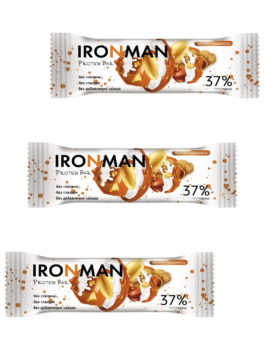 Батончик Ironman 37% Protein bar без сахара (Арахис-карамель) 3х50г