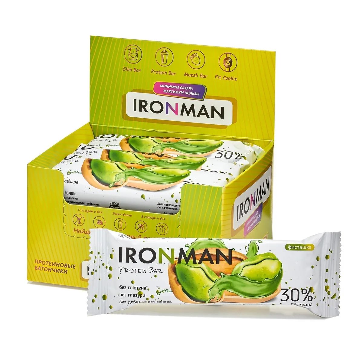 Протеиновый батончик Ironman 30% Protein bar без сахара (Фисташка) 15х50г