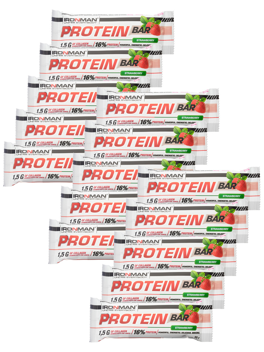 Протеиновый батончик Ironman Protein bar с Коллагеном (Клубника в белом шоколаде) 15х50г