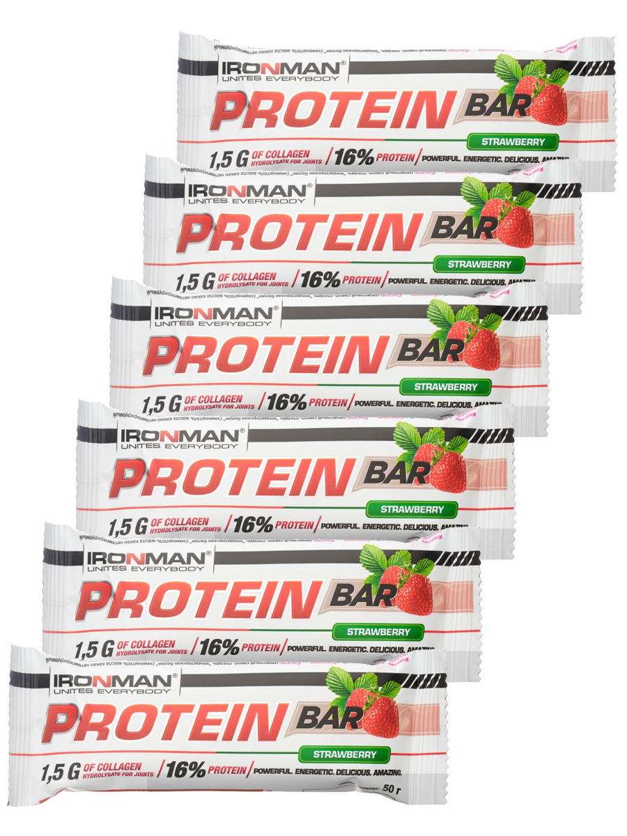 фото Протеиновый батончик ironman protein bar с коллагеном (клубника в белом шоколаде) 6х50г