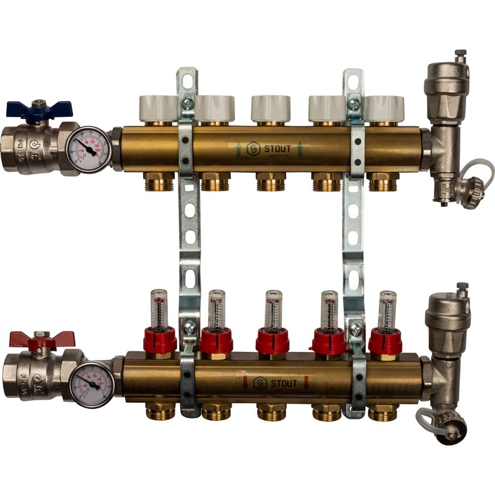фото Распределительный коллектор stout smb с расходомерами на 5 контуров 1"x3/4"