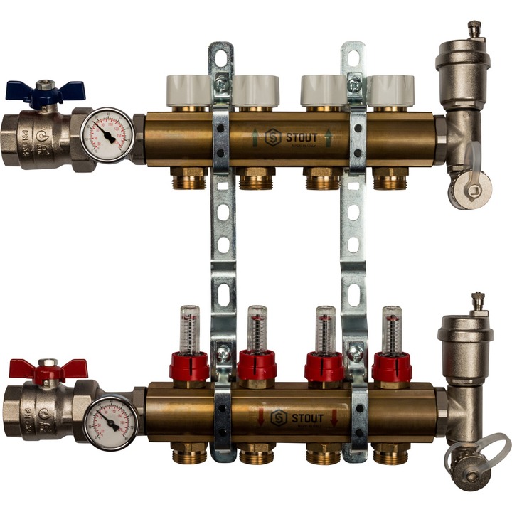 фото Распределительный коллектор stout smb с расходомерами на 4 контура 1"x3/4"