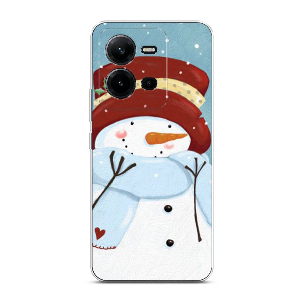 

Чехол на Vivo V25 "Застенчивый снеговик", Голубой;белый;красный, 267750-5
