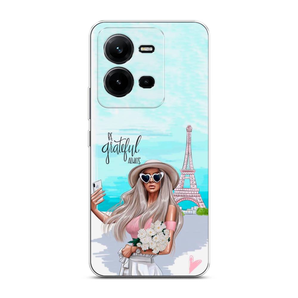

Чехол на Vivo V25 "Селфи Париж", Голубой;бежевый, 267750-6