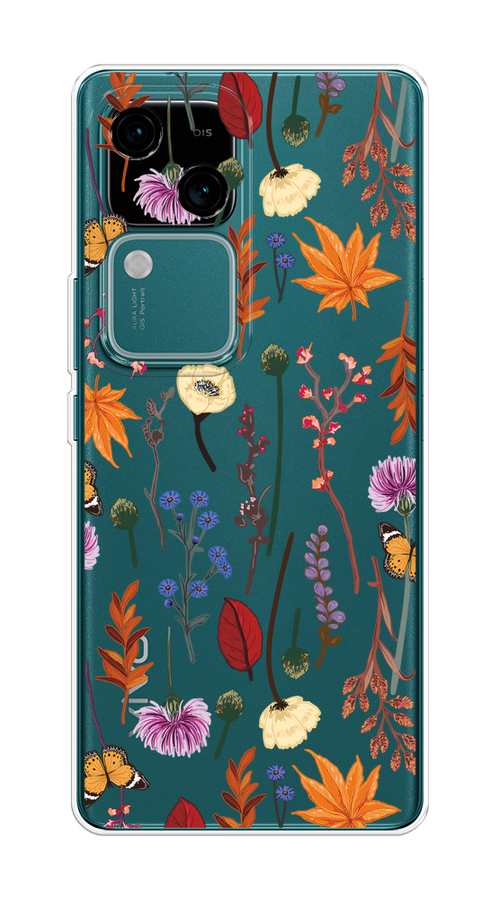 

Чехол на Vivo V30/S18 "Orange Purple flowers", Оранжевый;красный;розовый;желтый;прозрачный, 2610150-1