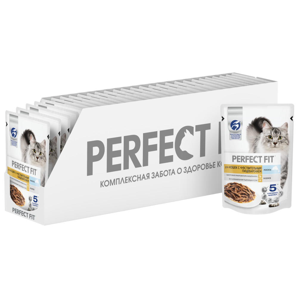 

Влажный корм для кошек Perfect Fit с чувствительным пищеварением, лосось, 28 шт по 75г, Sensitive