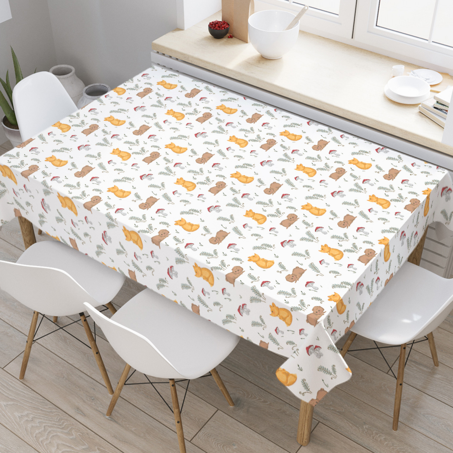 

Скатерть прямоугольная на кухонный стол JoyArty "Грибочки и котик" из оксфорда, 180x145 см, Белый, Грибочки и котик