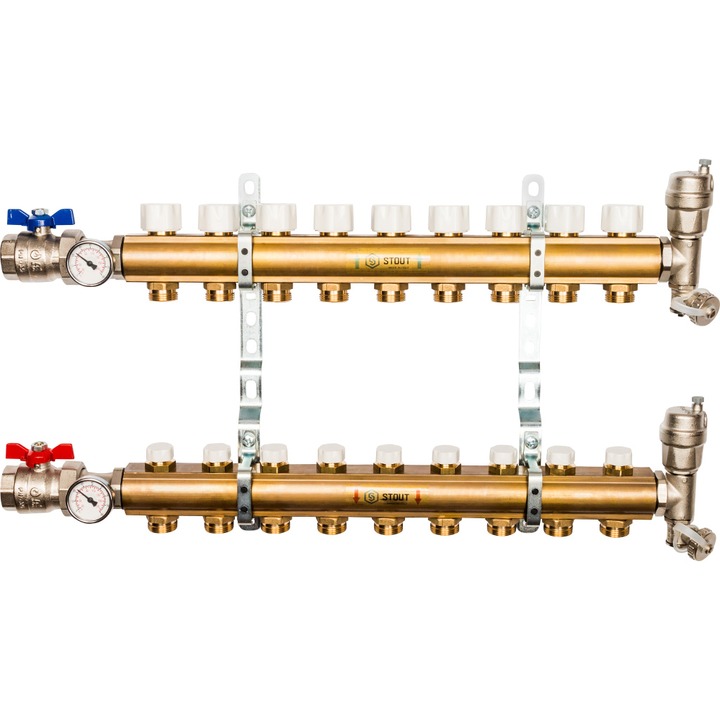 фото Распред-ный коллектор stout smb без расход-в с рег-щими вставками на 9 контуров 1"x3/4"