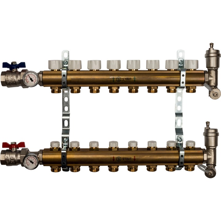 фото Распред-ный коллектор stout smb без расход-в с рег-щими вставками на 8 контуров 1"x3/4"