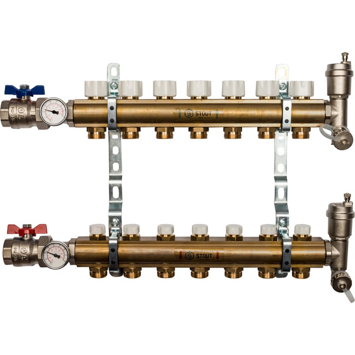фото Распред-ный коллектор stout smb без расход-в с рег-щими вставками на 7 контуров 1"x3/4"
