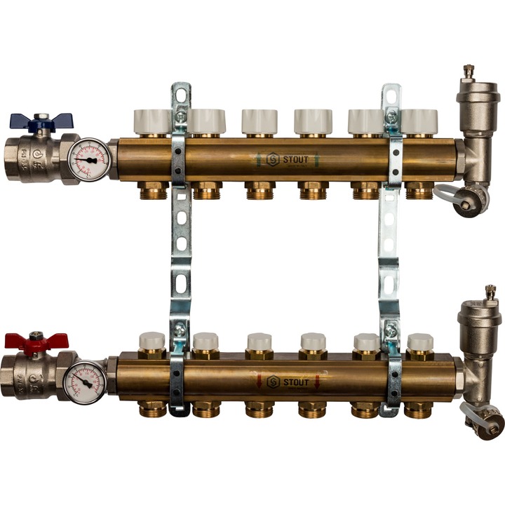 фото Распред-ный коллектор stout smb без расход-в с рег-щими вставками на 6 контуров 1"x3/4"
