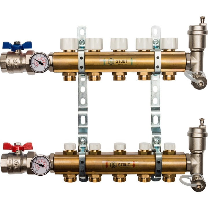фото Распред-ный коллектор stout smb без расход-в с рег-щими вставками на 5 контуров 1"x3/4"