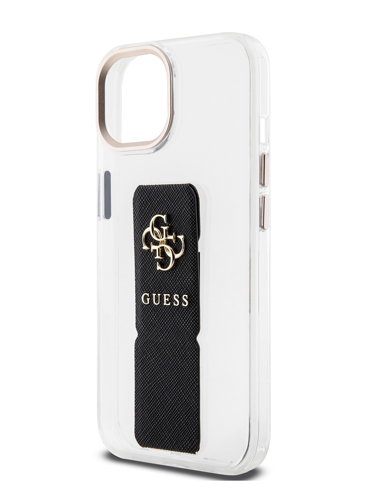 

Чехол Guess для iPhone 15 с ремешком-подставкой из экокожи, прозрачный, PC/TPU