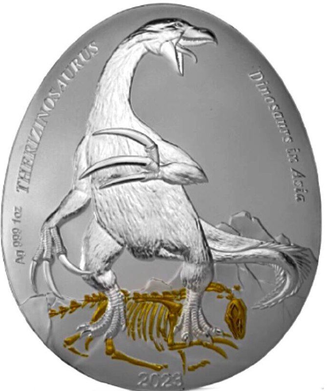 Серебряная монета 2 доллара Теризинозавр в капсуле и запайке, Самоа, 2023 PF