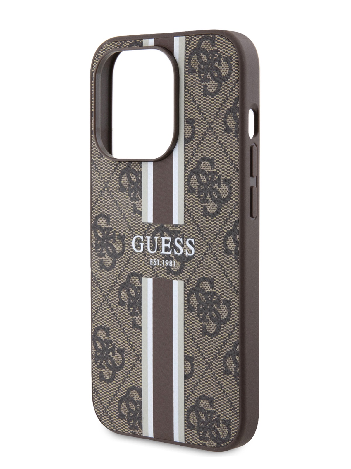 

Чехол Guess для iPhone 15 Pro с бортиком для камеры и вставкой из экокожи, коричневый, PU Leather