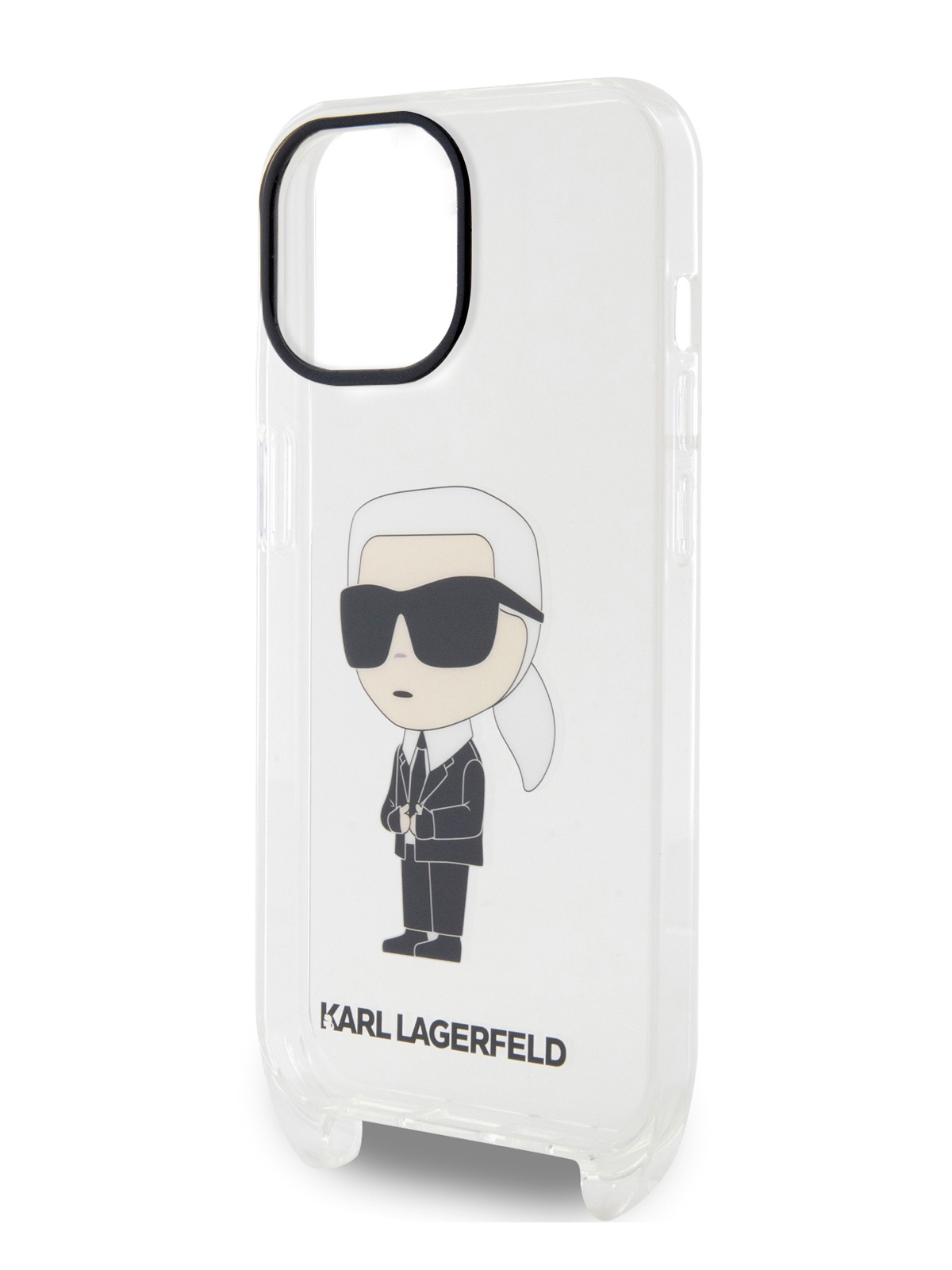 

Чехол Karl Lagerfeld для iPhone 15 c бортиком вокруг камеры и ремешком, прозрачный, PC/TPU