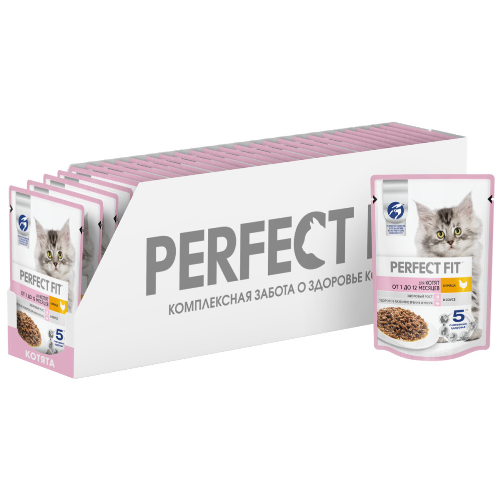 Влажный корм Perfect Fit для котят от 1 до 12 месяцев, с курицей в соусе, 28 шт x 75г