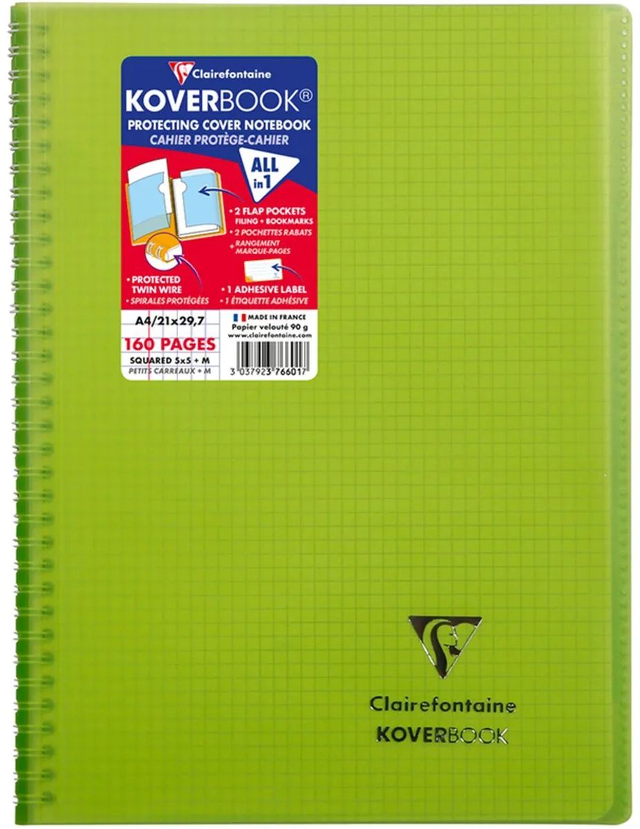 

Тетрадь Clairefontaine 376601C_green на спирали A4 клетка 80 листов 1 шт, Koverbook