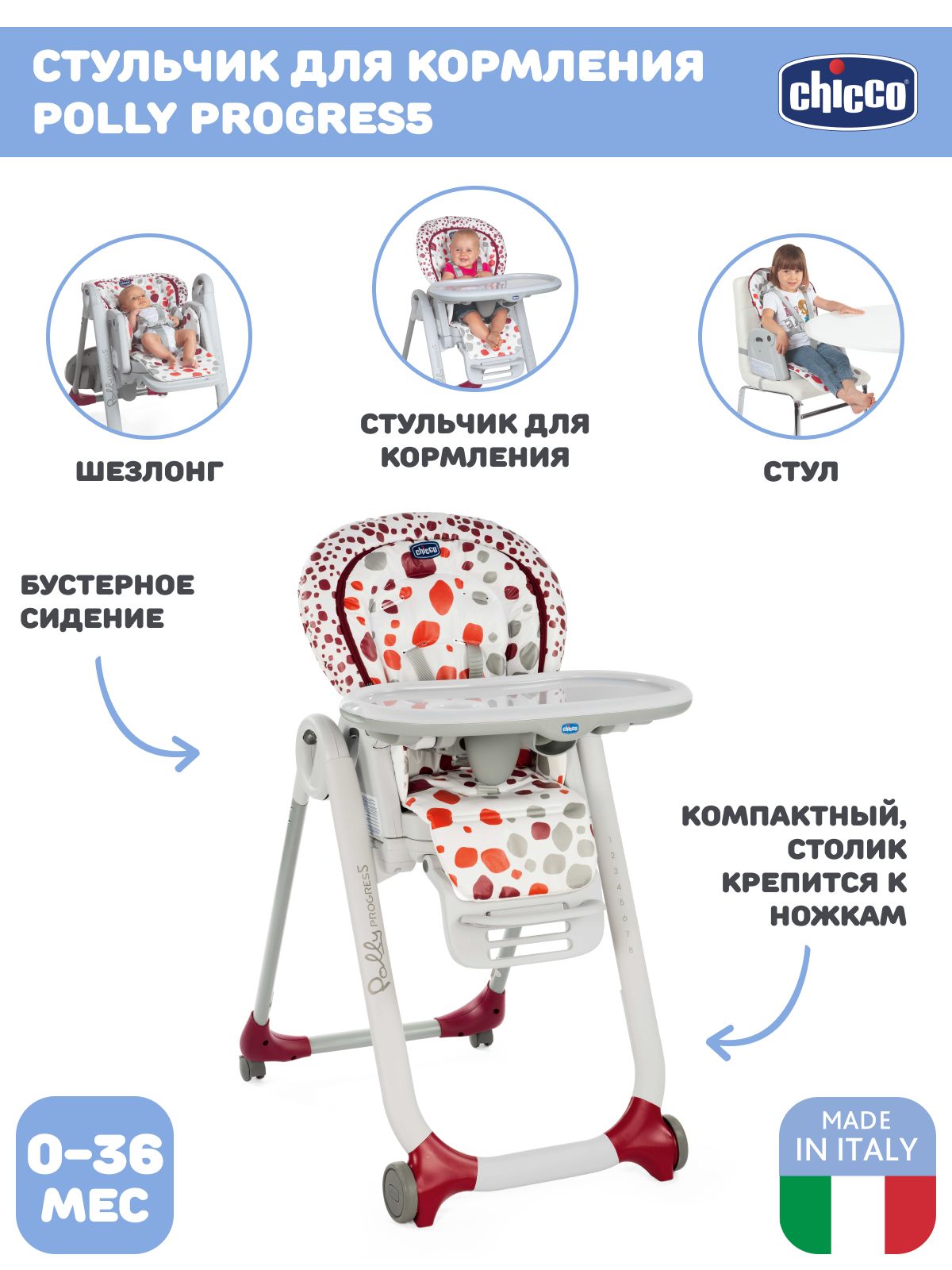 Стульчик для кормления Chicco Polly Progres 5 Cherry