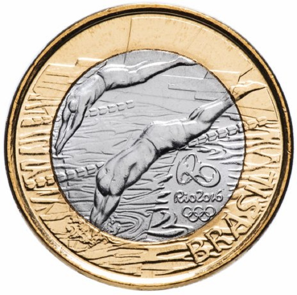 Монета 1 реал, Олимпийские Игры Рио-де-Жанейро 2016, Плавание, Бразилия, 2014 UNC