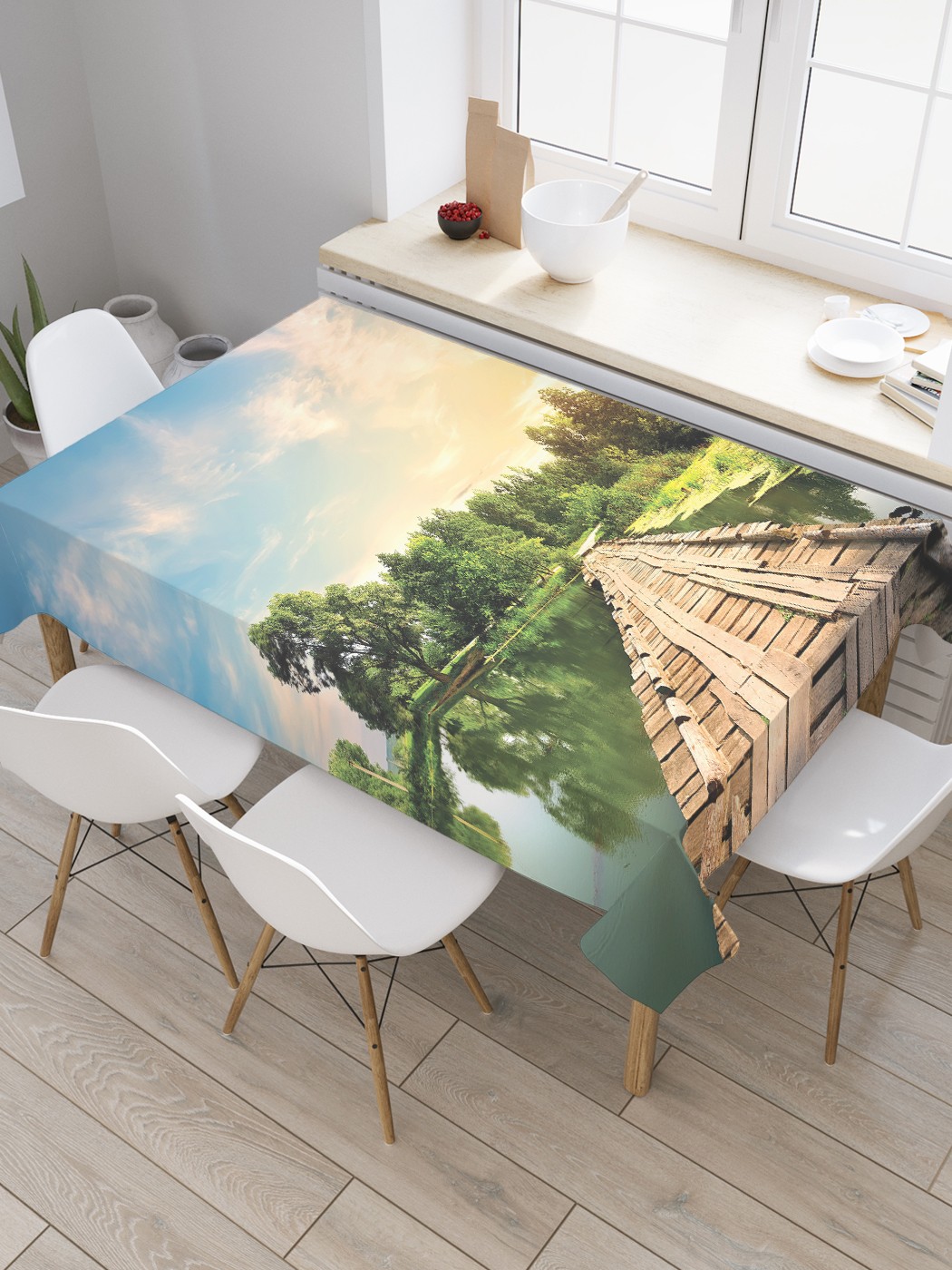 

Скатерть прямоугольная JoyArty "Деревянный мост через реку" из сатена, 120x145 см, Синий, Деревянный мост через реку