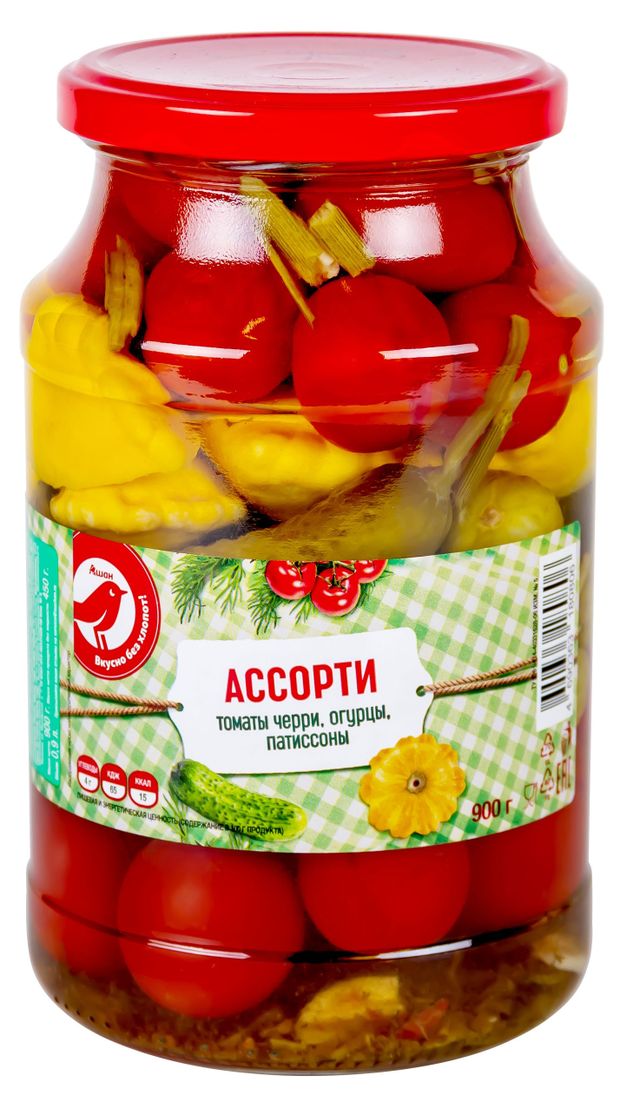 Ассорти из овощей АШАН Красная птица с патиссонами маринованное 900 г