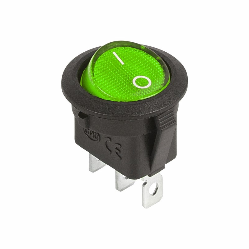 фото Выключатель клавишный круглый 12v 20а (3с) on-off зеленый с подсветкой rexant
