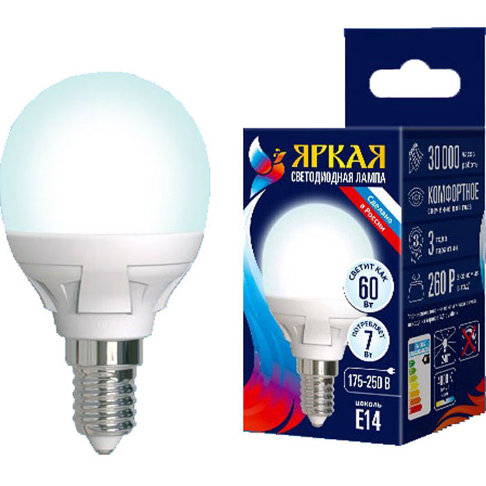 фото Светодиодная лампа uniel яркая led-g45 7w/nw/e14/fr plp01wh ul-00002417