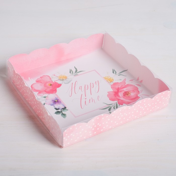 

Коробка для кондитерских изделий с PVC-крышкой Happy time, 15 × 15 × 3 см, Коллекция упаковки "Нежные цветы"