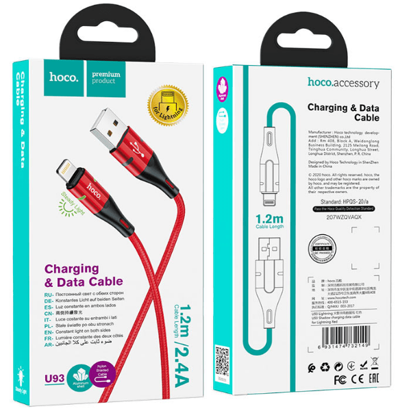 фото Кабель usb lightning hoco u93 светящийся 1m красный