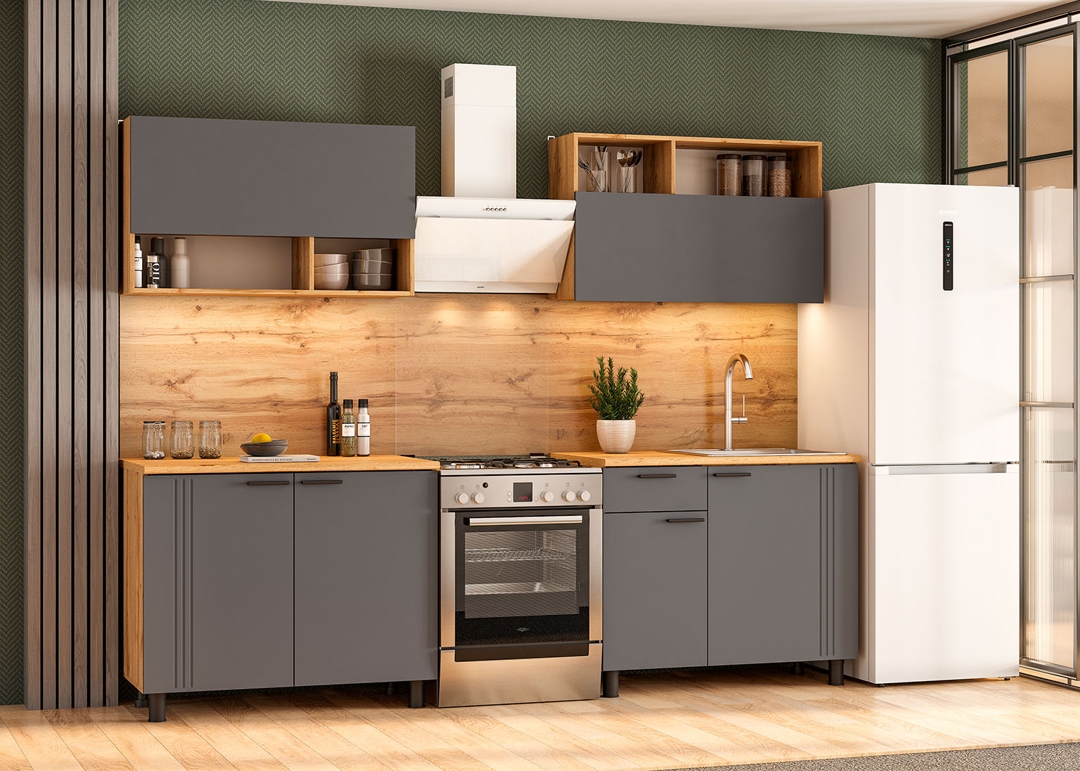 

Кухонный гарнитур SV-Мебель Монако 200x60x210 Графит/Дуб Золотой, Монако