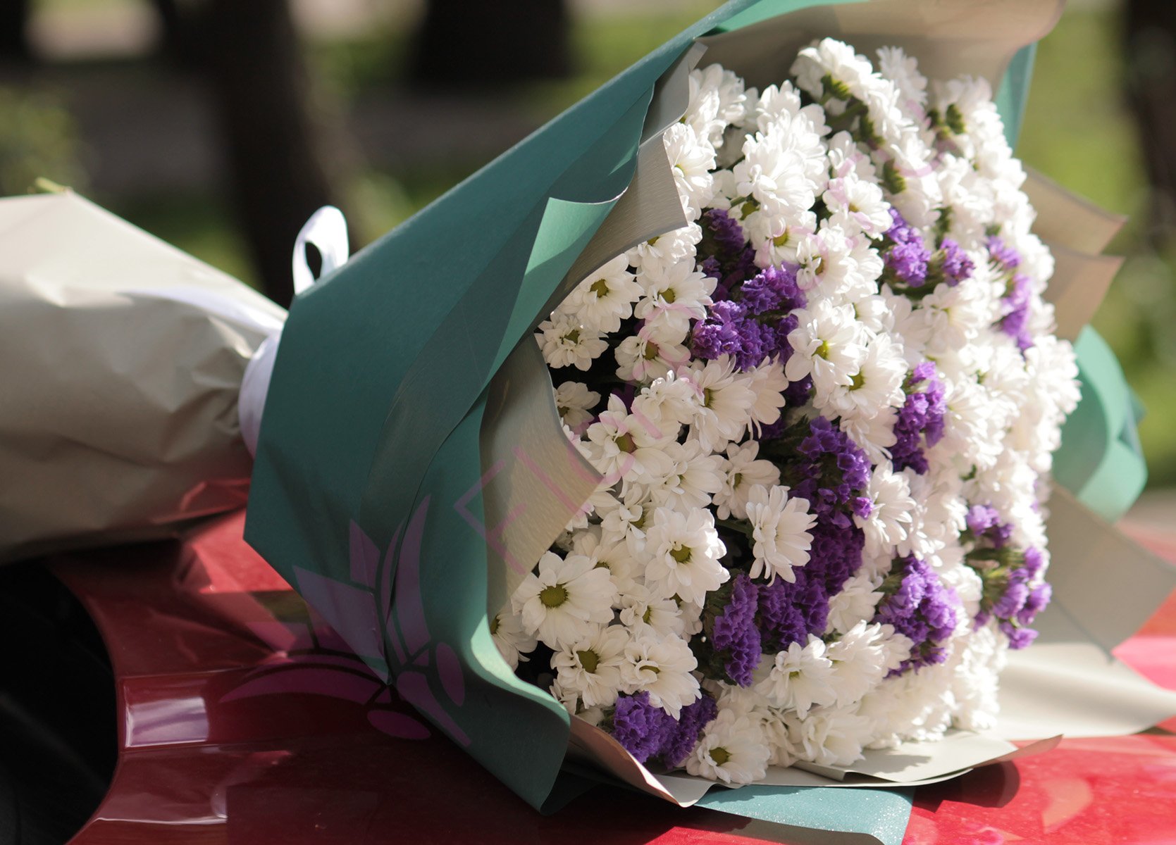 

Букет FlorPro 25 белых хризантем "Сантини" со статицей в дизайнерской упаковке