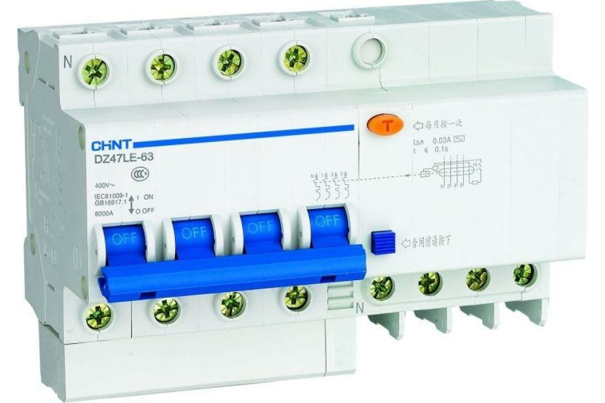 фото Выключатель автоматический дифференциального тока 4п c 40а 30ма тип ac 6ка dz47le-63 chint