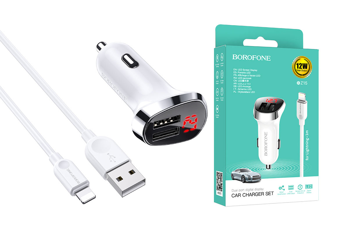 фото Зарядное устройство borofone bz15 auspicious автом. 2usb 2400mah + usb lightning черное