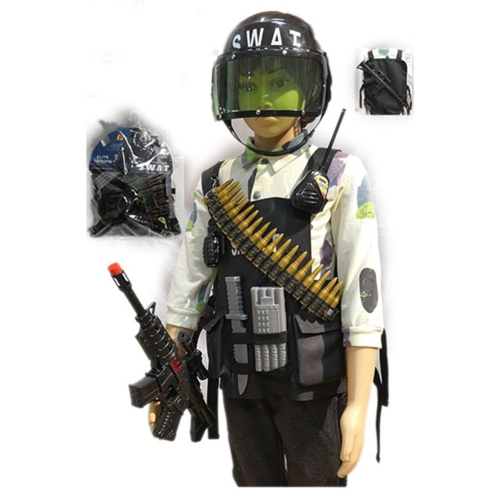 Набор полицейского военного с автоматом и бронежилетом, рация и граната, рост 116-122см шлем полицейского