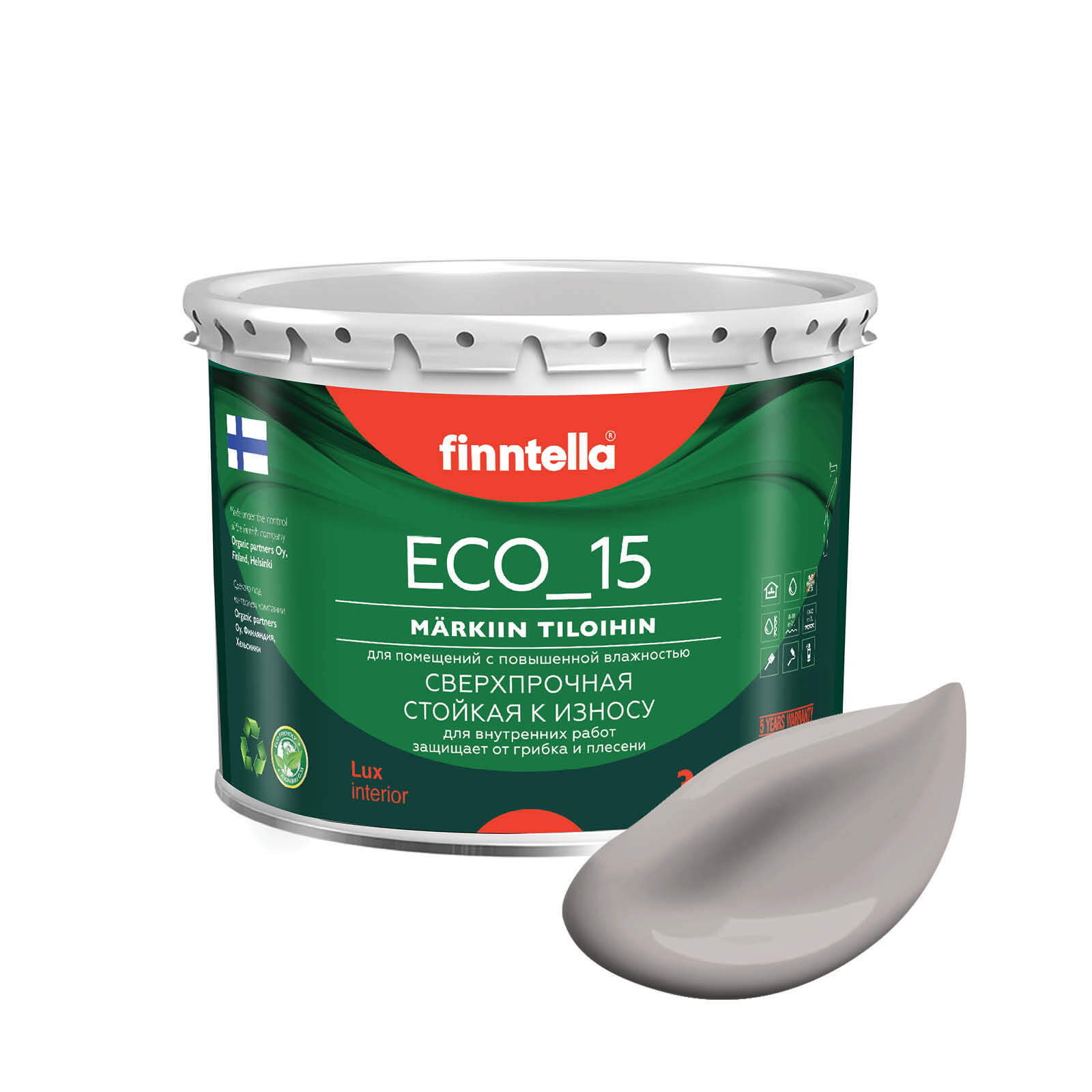 

Специализированная краска для кухонь и ванных комнат FINNTELLA ECO_15 с полиуретаном, моющ, Серый, интерьерная ECO_15 гладкая для ванных комнат и кухни