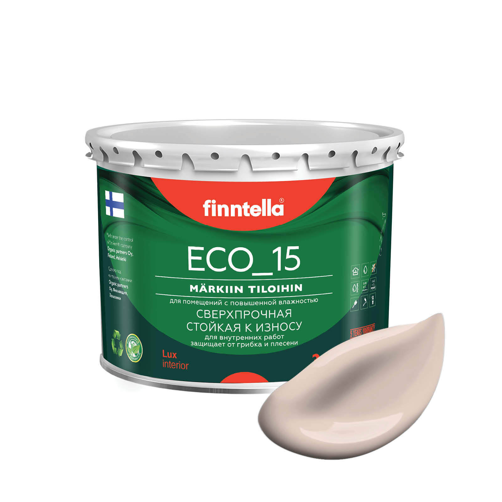 

Специализированная краска для кухонь и ванных комнат FINNTELLA ECO_15 с полиуретаном, моющ, Бежевый, интерьерная ECO_15 гладкая для ванных комнат и кухни
