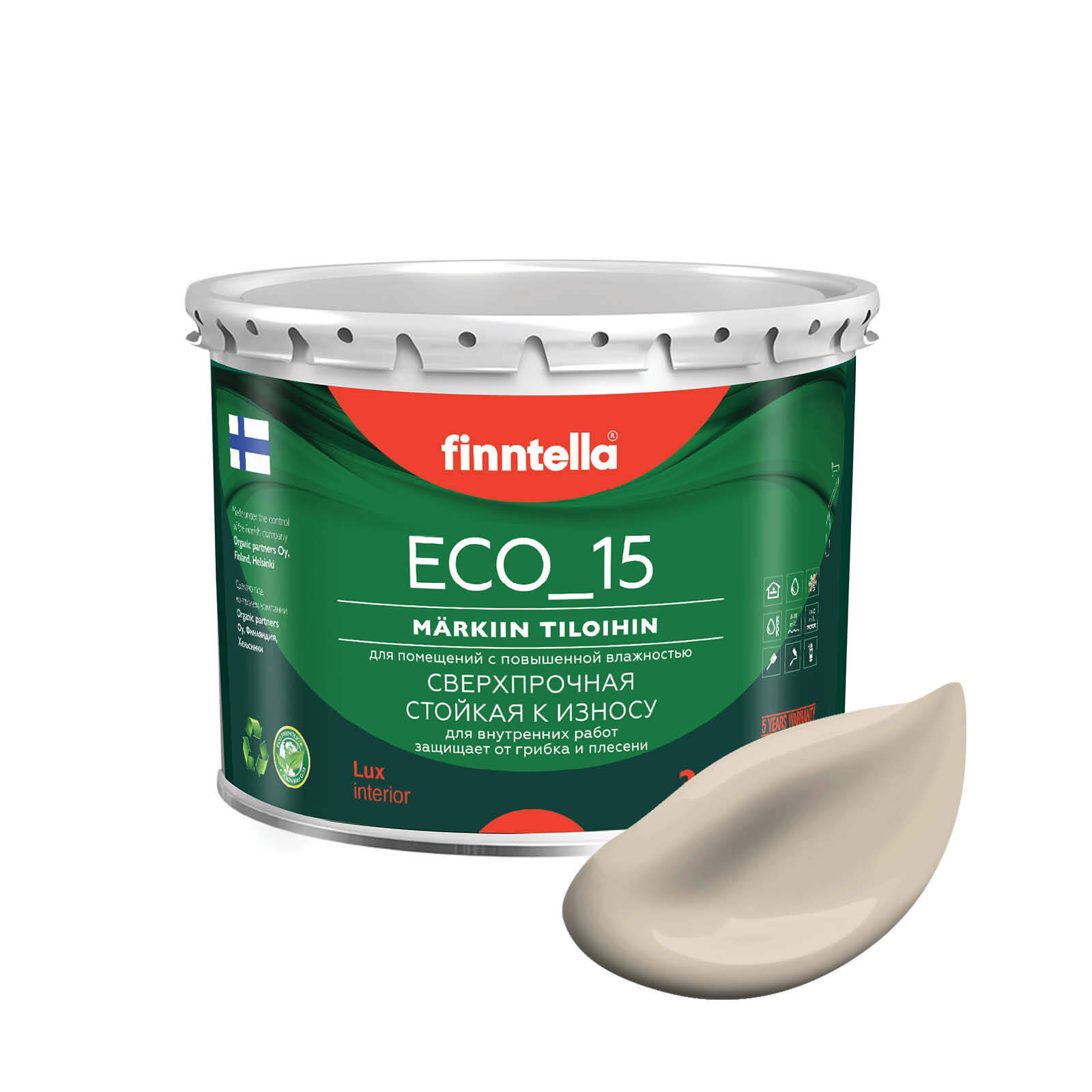 

Специализированная краска для кухонь и ванных комнат FINNTELLA ECO_15 с полиуретаном, моющ, Бежевый, интерьерная ECO_15 гладкая для ванных комнат и кухни