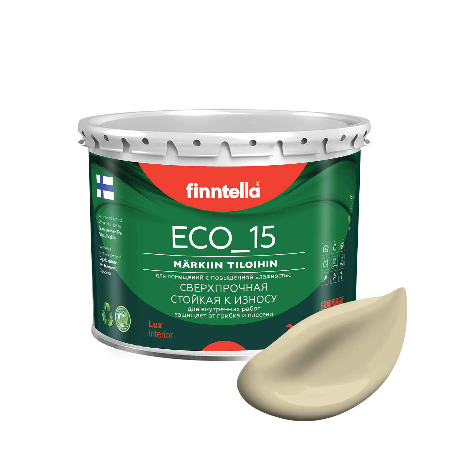 

Специализированная краска для кухонь и ванных комнат FINNTELLA ECO_15 с полиуретаном, моющ, Бежевый, интерьерная ECO_15 гладкая для ванных комнат и кухни
