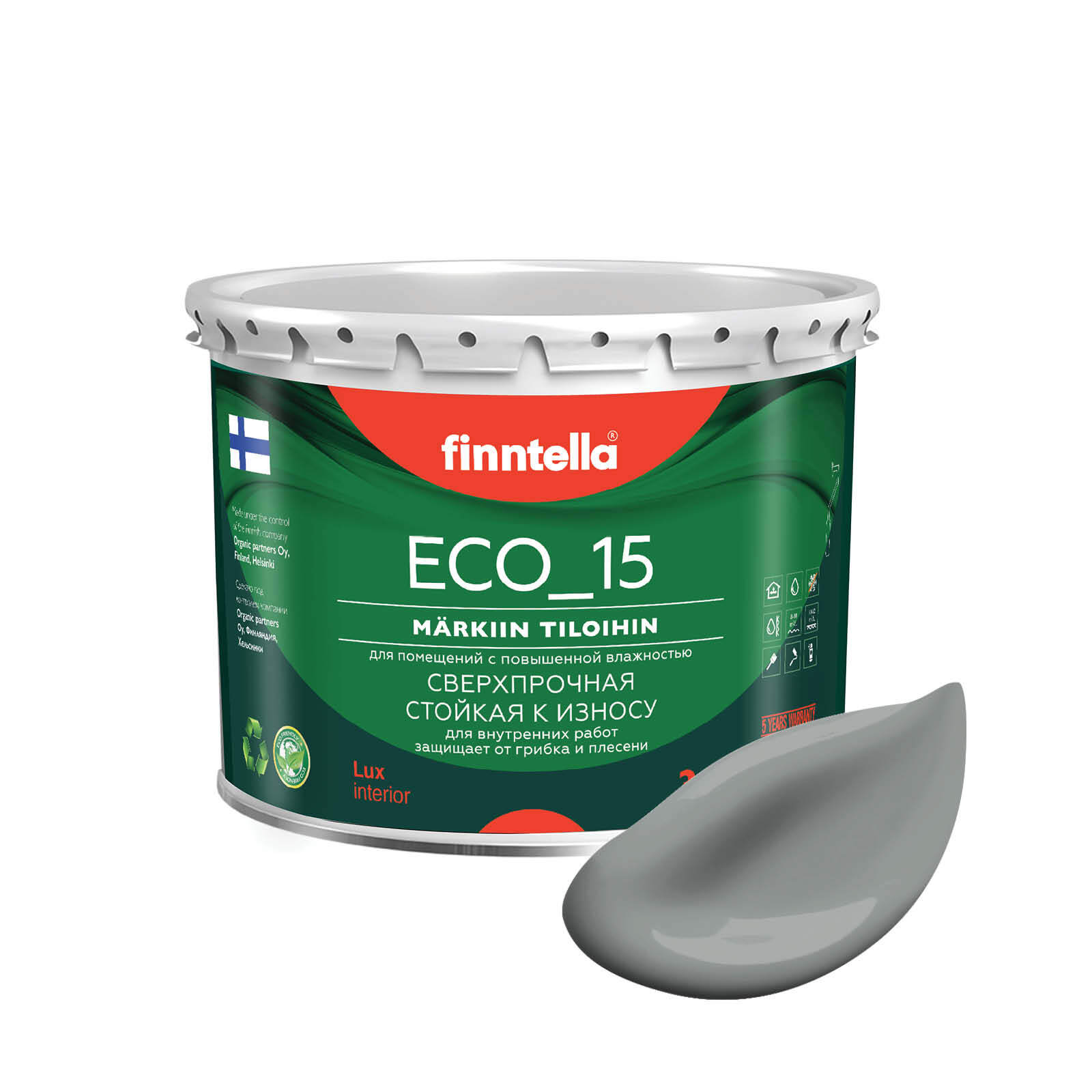 

Специализированная краска для кухонь и ванных комнат FINNTELLA ECO_15 с полиуретаном, моющ, Серый, интерьерная ECO_15 гладкая для ванных комнат и кухни