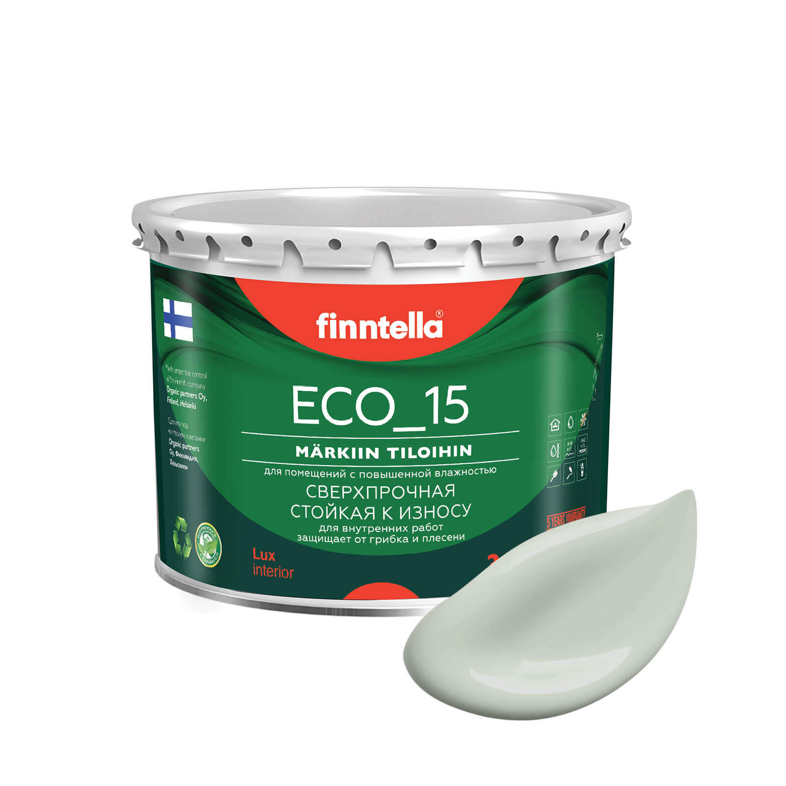 

Специализированная краска для кухонь и ванных комнат FINNTELLA ECO_15 с полиуретаном, моющ, Зеленый;серый, интерьерная ECO_15 гладкая для ванных комнат и кухни