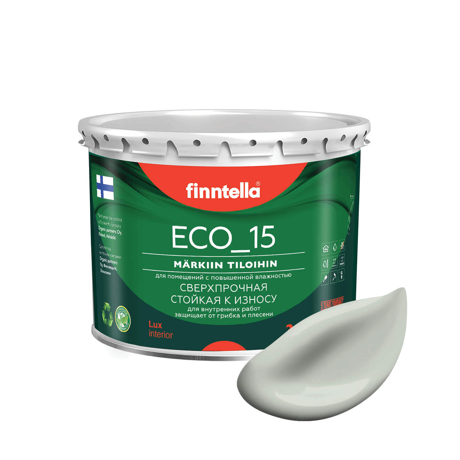 

Специализированная краска для кухонь и ванных комнат FINNTELLA ECO_15 с полиуретаном, моющ, Зеленый, интерьерная ECO_15 гладкая для ванных комнат и кухни