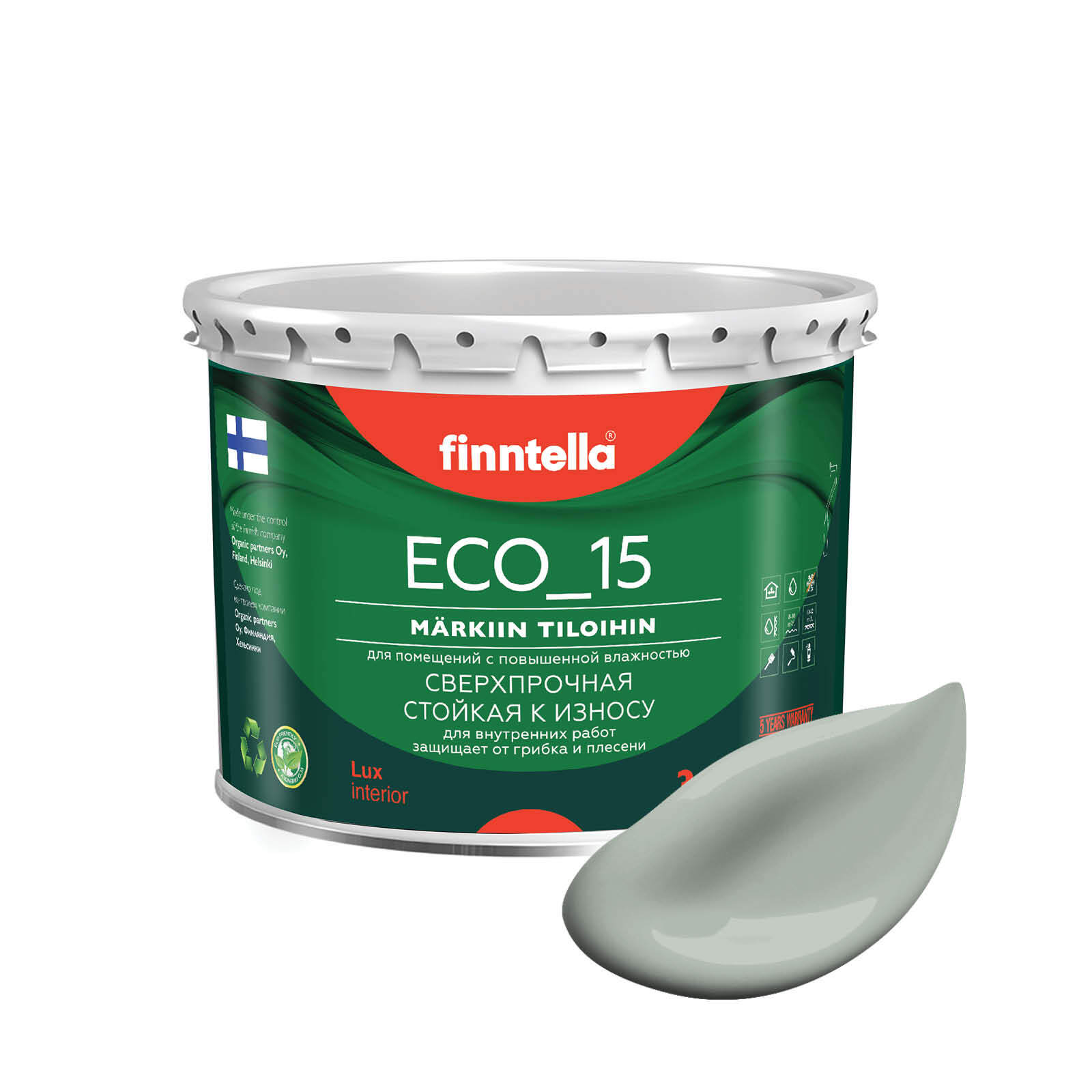 

Специализированная краска для кухонь и ванных комнат FINNTELLA ECO_15 с полиуретаном, моющ, Зеленый, интерьерная ECO_15 гладкая для ванных комнат и кухни