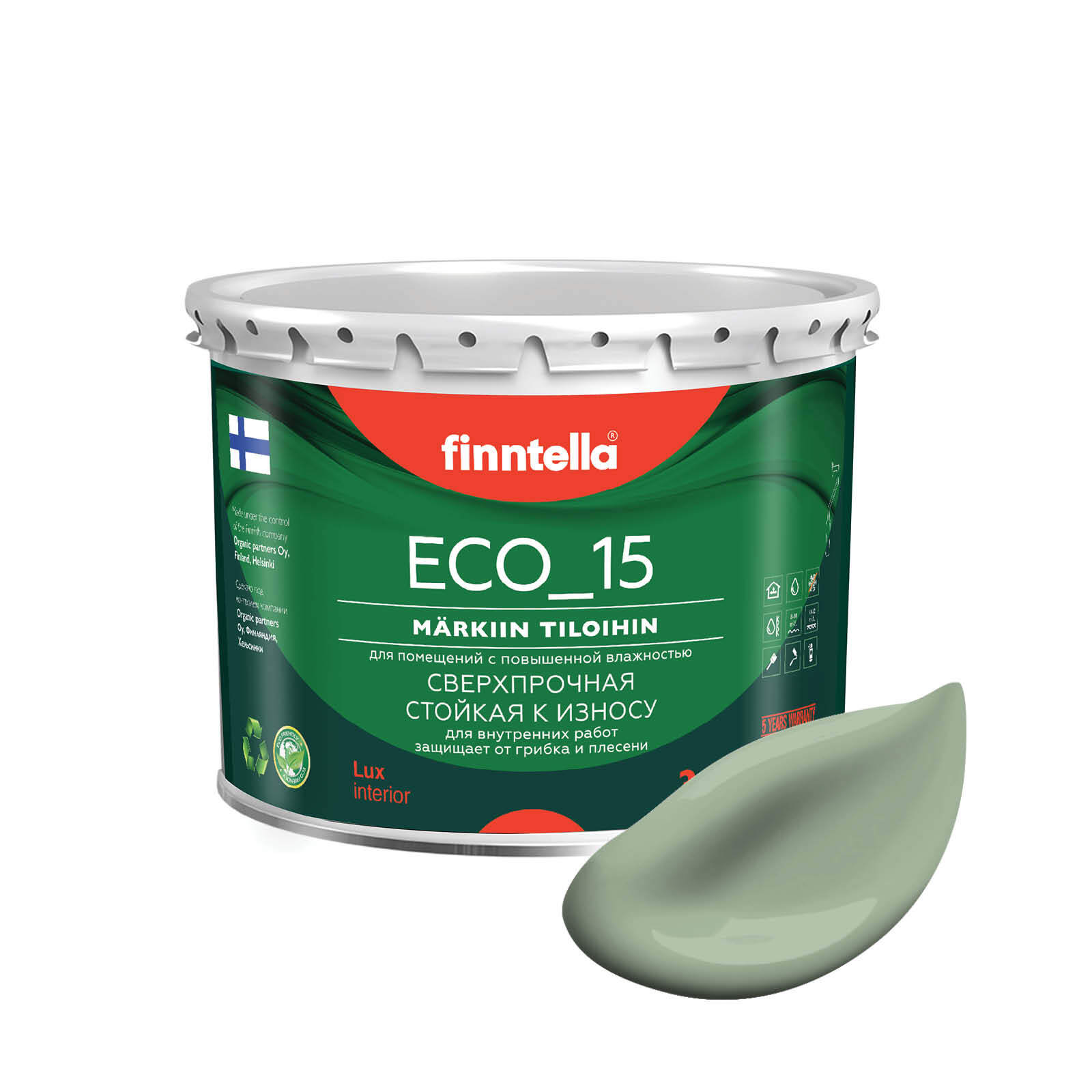 

Специализированная краска для кухонь и ванных комнат FINNTELLA ECO_15 с полиуретаном, моющ, Зеленый, интерьерная ECO_15 гладкая для ванных комнат и кухни