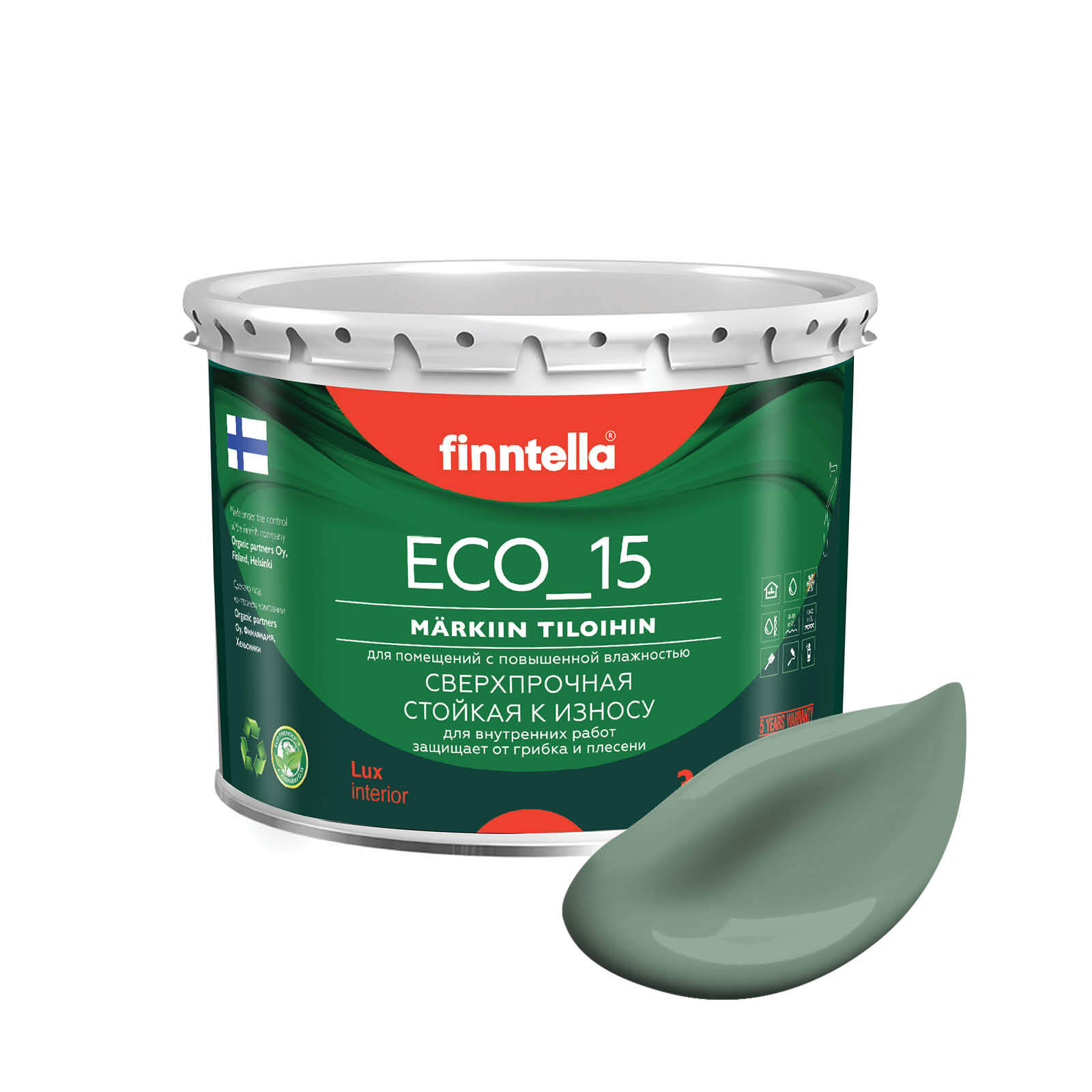 

Специализированная краска для кухонь и ванных комнат FINNTELLA ECO_15 с полиуретаном, моющ, Зеленый, интерьерная ECO_15 гладкая для ванных комнат и кухни
