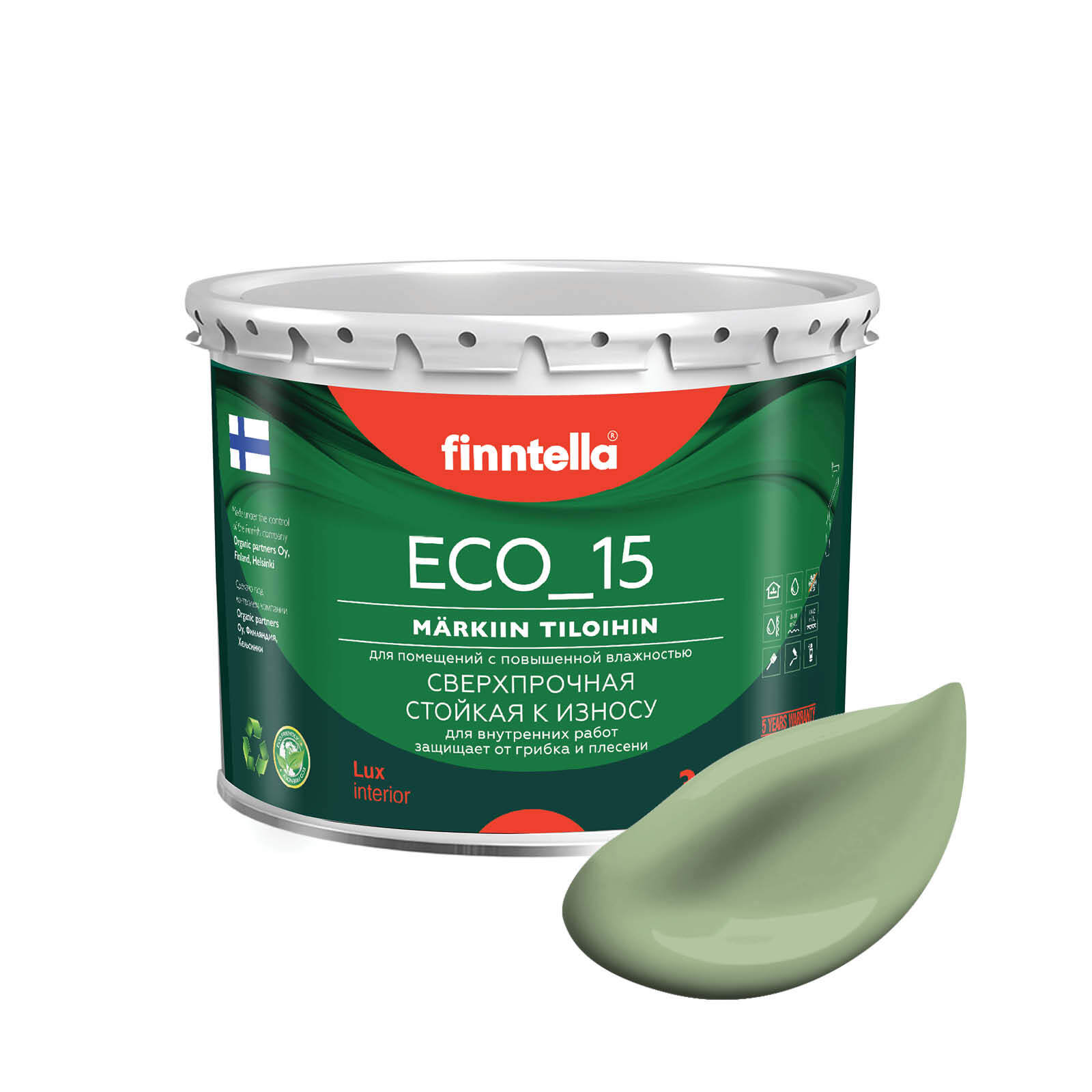 

Специализированная краска для кухонь и ванных комнат FINNTELLA ECO_15 с полиуретаном, моющ, Зеленый, интерьерная ECO_15 гладкая для ванных комнат и кухни
