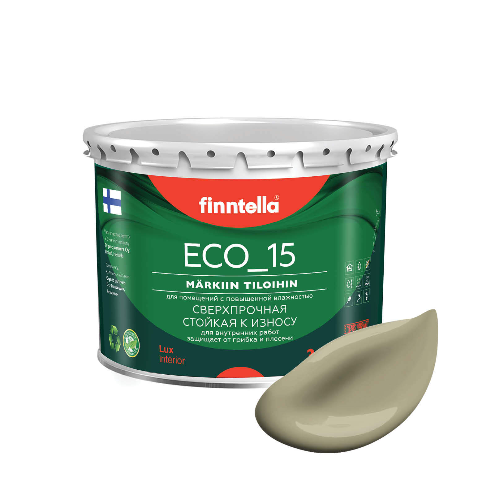 

Специализированная краска для кухонь и ванных комнат FINNTELLA ECO_15 с полиуретаном, моющ, Зеленый, интерьерная ECO_15 гладкая для ванных комнат и кухни