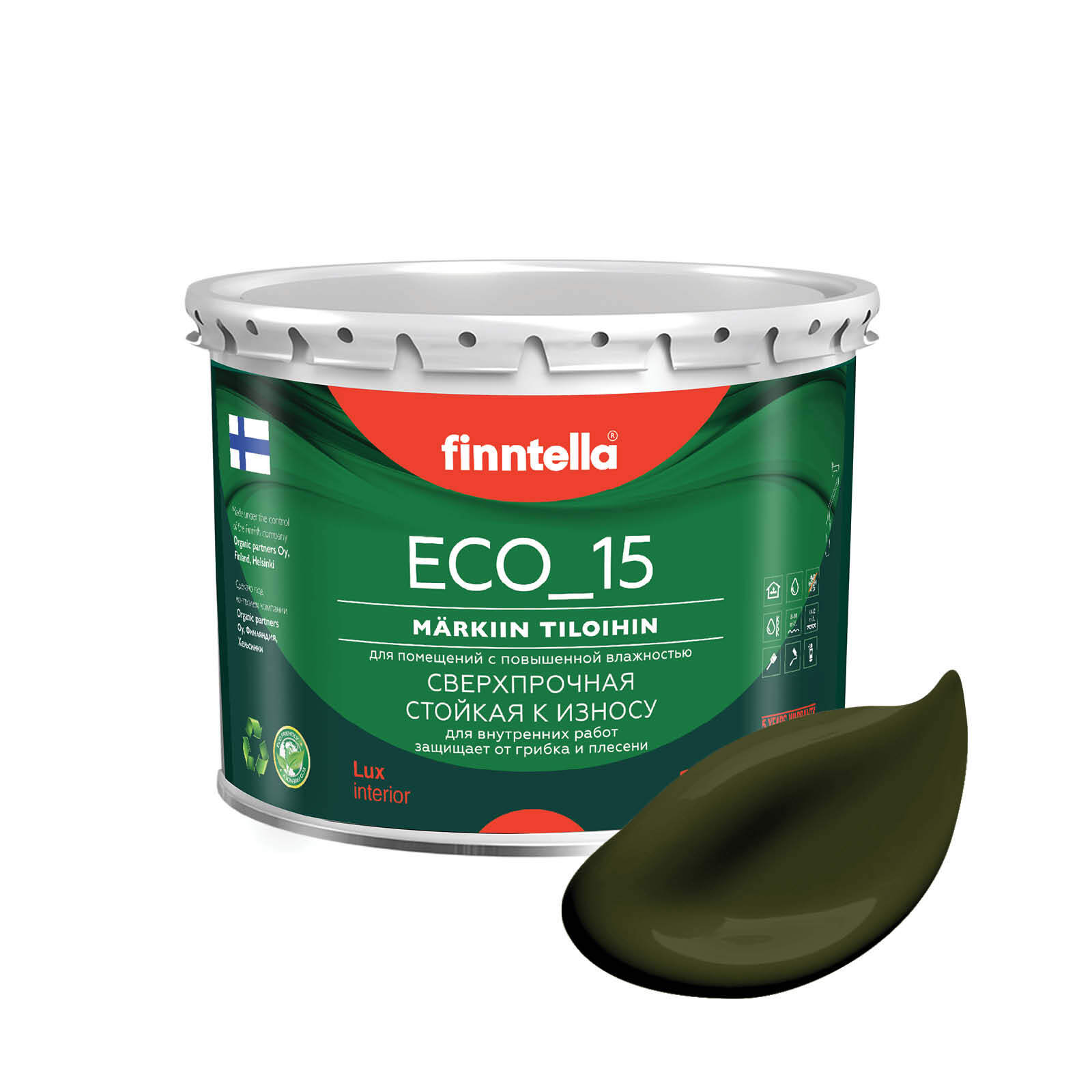 

Специализированная краска для кухонь и ванных комнат FINNTELLA ECO_15 с полиуретаном, моющ, Зеленый, интерьерная ECO_15 гладкая для ванных комнат и кухни