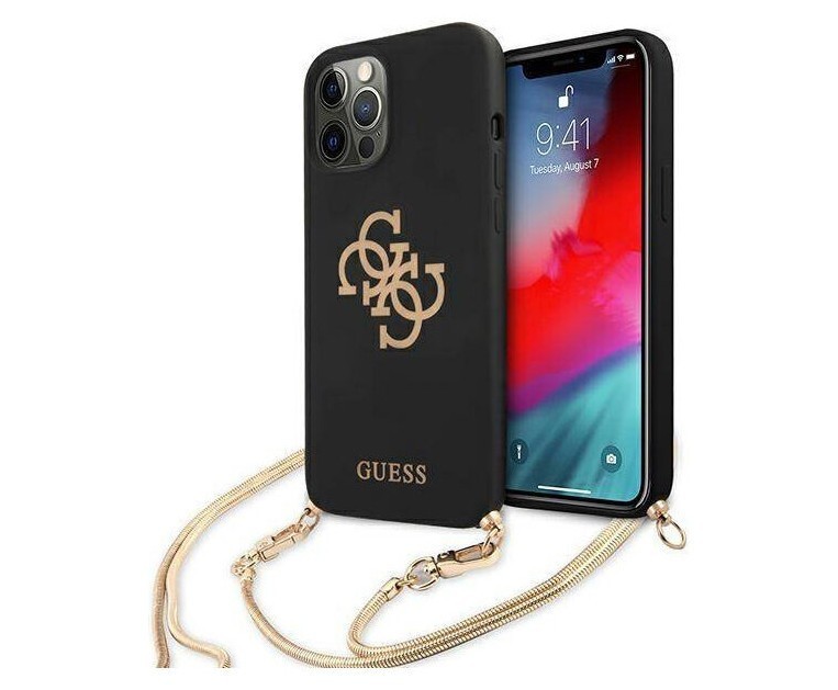 фото Чехол cg mobile guess liquid silicone 4g big logo + gold chain iphone 12/12 pro черный